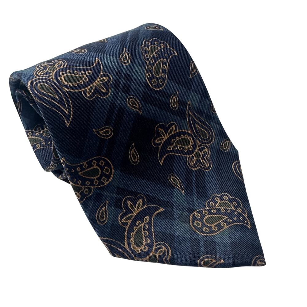 Vintage Hunt Club Italian Silk Paisley Tie Navy Gold Wide 3.5” Dark Academia